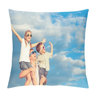 Personality  Father And Children Playing In The Park  At The Day Time. Pillow Covers
