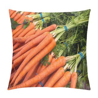 Personality  Closeup Of Pile Of Bunches Freshly Cropped Carrots With Greens On Farmers Market Stand Pillow Covers
