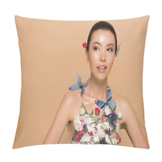 Personality  Beautiful Tender Naked Asian Girl In Flowers With Butterflies On Body Isolated On Beige Pillow Covers