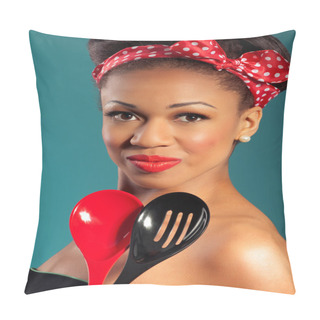 Personality  Beautiful Happy Pinup Style Housewife With Kitchen Utensils Pillow Covers