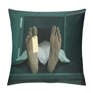 Personality  Male Human Body Lying Dead At Morgue Capsule With Blank Identification Label . Close Up Foot Of Man Cadaver Covered With Sheet Having Indentity Tag On Toe In Death Concept Pillow Covers
