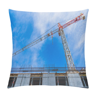 Personality  One Construction Crane For The Construction Of High-rise Buildings And Offices Against The Blue Sky Close-up, Construction Concept, Bottom View Pillow Covers