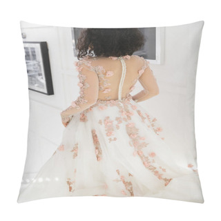 Personality  Back View Of Brunette Middle Eastern Woman With Wavy Hair Walking In Floral Wedding Dress Inside Of Luxurious Bridal Salon, Charming And Elegant Bride, Blurred Photography On White Wall Pillow Covers