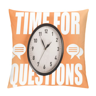Personality  Round Clock With White Time For Questions Lettering And Speech Bubbles On Orange Background Pillow Covers