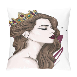 Personality  Beautiful Girl With Long Hair In A Crown With Precious Stones. Big Eyes And Full Lips. Vector Illustration For Greeting Card Or Poster, Print On Clothes. Fashion And Style, Accessories. Pillow Covers