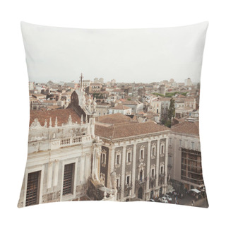 Personality  CATANIA, ITALY - OCTOBER 3, 2019: Church Near Small Old Houses In Catania, Italy  Pillow Covers