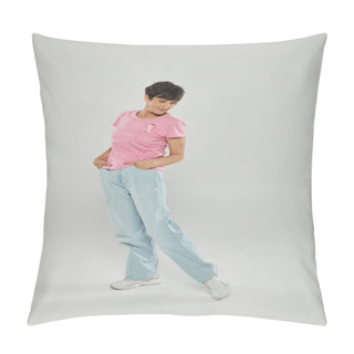 Personality  Breast Cancer Awareness, Happy Mature Woman With Pink Ribbon, Grey Backdrop, Hands In Pockets Pillow Covers