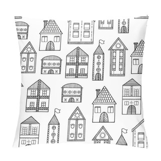 Personality  Hand-drawn Buildings Seamless Pattern. Vintage Houses On A White Background. Vector Illustration. Pillow Covers