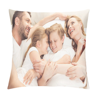 Personality  Happy Caucasian Family Lying In Bed Pillow Covers