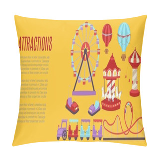 Personality  Attraction Vector Illustration Banner. Carousels. Slides And Swings, Ferris Wheel Kids Train Attraction And Air Baloon Cartoon Or Amusement Park Poster. Pillow Covers