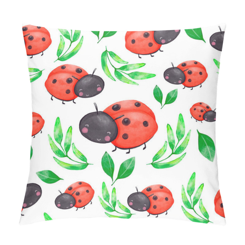 Personality  Watercolor seamless pattern with red ladybug and green leaves. Cartoon illustration. pillow covers