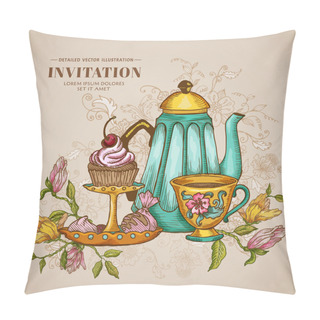 Personality  Vintage Menu Or Invitation Card - With Teapot And Desserts Pillow Covers