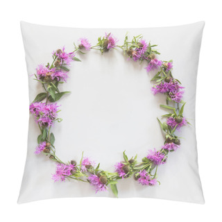 Personality Wreath Of Wild Purple And Pink Flowers On Grey Background. Flat Lay. View From Above. Pillow Covers