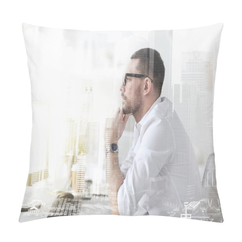 Personality  businessman in glasses sitting at office computer pillow covers