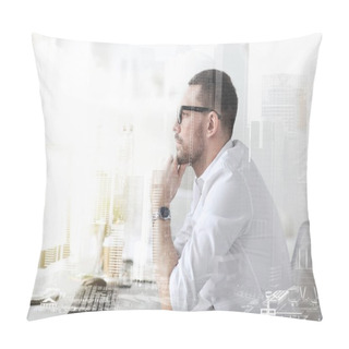 Personality  Businessman In Glasses Sitting At Office Computer Pillow Covers