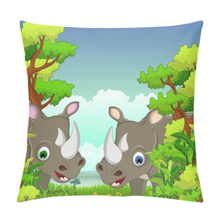 Personality  Couple Rhino Cartoon With Forest Background Pillow Covers