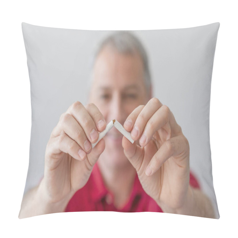 Personality  Quit Smoking - Male Hand Crushing Cigarette. Close Up Portrait Of  Attractive Man Breaking Down Cigarette To Pieces. Man Quit Smoking. Stop Smoking Cigarettes Concept Pillow Covers