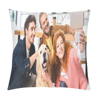 Personality  Panoramic Shot Of Three Smiling Friends Taking Selfie With Cute Golden Retriever Pillow Covers