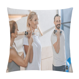 Personality  Smiling Mature People Exercising With Dumbbells And Instructor Helping Them At Training Class Pillow Covers