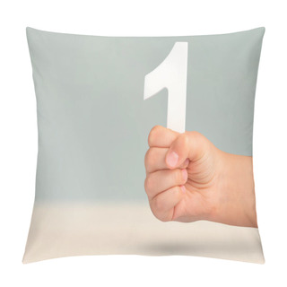 Personality  Number One In Hand. A Hand Holds A White Number One On A Blurred Background With Copy Space. Concept With Number One. 1 Percent Rate, Birthday, First Or Winner Pillow Covers