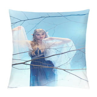 Personality  A Young Woman Exudes Fairy-like Magic In A Blue Dress And White Veil In A Whimsical Studio Setting. Pillow Covers