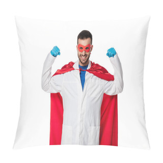 Personality  Happy Doctor In Superhero Costume And White Coat Isolated On White  Pillow Covers