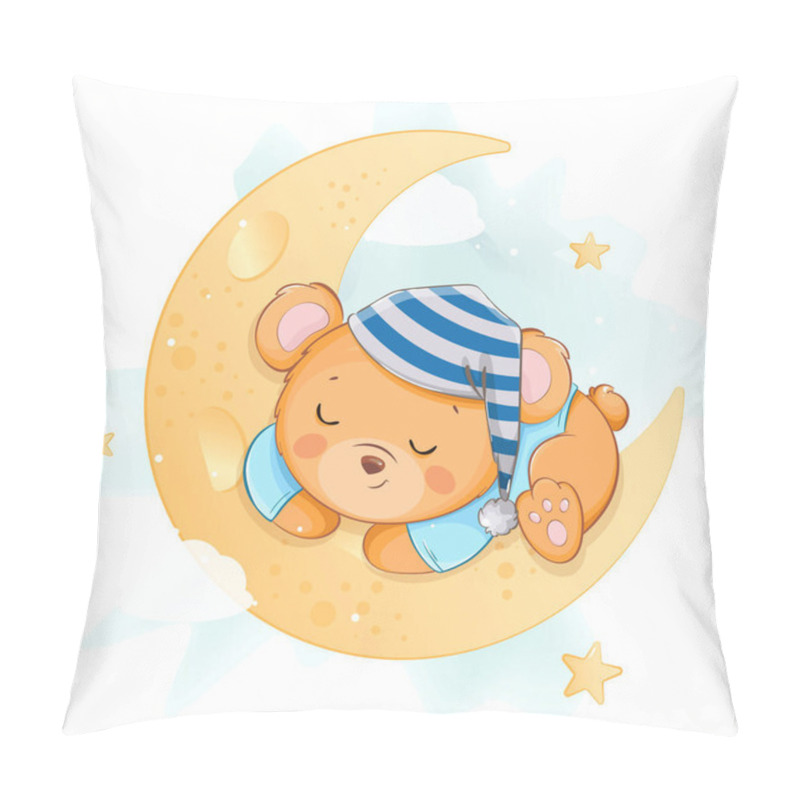 Personality  Cute little bear sleeping on the moon. Funny bear cartoon character having magical dreams. Usable for greeting card, baby shower, invitation. Stock vector illustration pillow covers