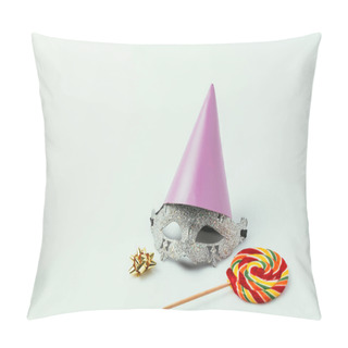 Personality  Close Up View Of Masquerade Mask, Party Cone And Lollipop Isolated On Grey Pillow Covers