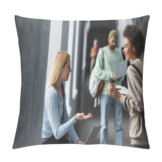 Personality  Smiling Multiethnic Students With Coffee To Go And Laptop Talking In Corridor Of University  Pillow Covers
