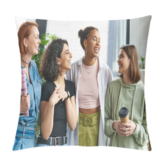 Personality  Young And Happy Woman With Coffee To Go Looking At Stylish Multiethnic Female Friends Standing And Laughing In Women Interest Club, Mutual Support, Solidarity And Trust Concept Pillow Covers