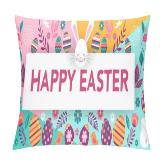 Personality  Happy Easter, Vector Banner With Flowers, Eggs And Bunnies Pillow Covers