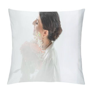Personality  Side View Of Happy Indian Bride With Mehndi Holding Bouquet Of Flowers On White Pillow Covers