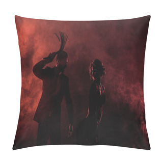 Personality  Man Whipping Seductive Woman In Lingerie On Red Smoke Background Pillow Covers