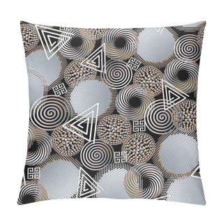 Personality  Modern Geometric Abstract 3d Seamless Pattern. Meander Greek Key Vector Background Wallpaper. Geometric Spiral Shapes, Radial Figures, Lines, Circles, Squares, Halftone, Dots, Triangles, Meander, Greek Key Ornaments. Surface Texture For Design.  Pillow Covers