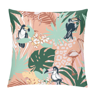 Personality  Tropical Floral Summer Seamless Color Background Pattern Palm Leaves, Birds Pillow Covers