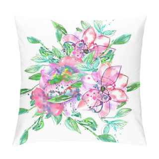 Personality  Watercolor Bouquet With Pink And Purple Flowers And Green And Blue Branches And Leaves Pillow Covers