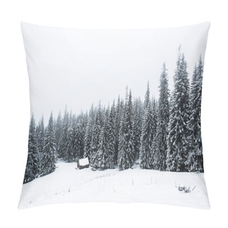 Personality  House Near Pine Trees Forest Covered With Snow On Hill With White Sky On Background Pillow Covers