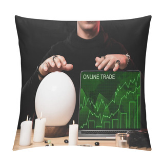 Personality  Cropped View Of Oracle Near Laptop With Online Trade Website On Screen Isolated On Black  Pillow Covers