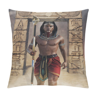 Personality  Ancient Egyptian Priest With A Cobra Staff Standing In Front Of An Arch With Hieroglyphs. 3D Render. Pillow Covers