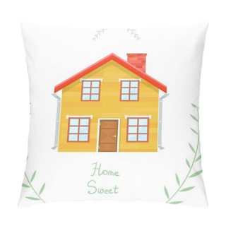 Personality  Wooden House. Small Wooden Country House With Red Roof, Branches And The Inscription. Illustration Of A Country House On A White Background. Stock Vector Pillow Covers