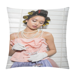 Personality  Asian Young Woman With Hair Curlers Standing In Pink Ruffled Top, Pearl Necklace And Gloves While Holding Cigarette And Glass Near White Tiles, Smoking Habit, Housewife  Pillow Covers