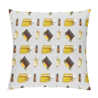 Personality  Pattern With Bottles Of Organic Essential Oil And Sliced Orange On Grey Pillow Covers