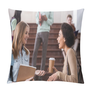 Personality  Positive Interracial Students With Notebook And Coffee Talking  Pillow Covers