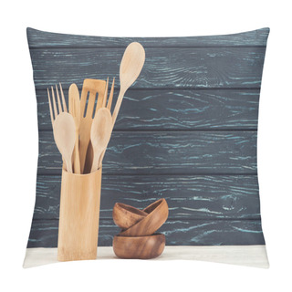 Personality  Closeup View Of Ramekins And Kitchen Utensils In Front Of Wooden Wall Pillow Covers