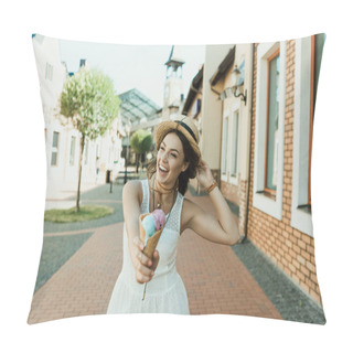 Personality Young Woman Eating Ice Cream  Pillow Covers