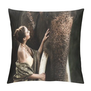 Personality  Asian Traditional Woman Is Taking Care And Hug Her Best Friend Elephant With Love  At Kanchanaburi Province In Thailand For The Trips Vacation .  Travel And Trips Concept Pillow Covers