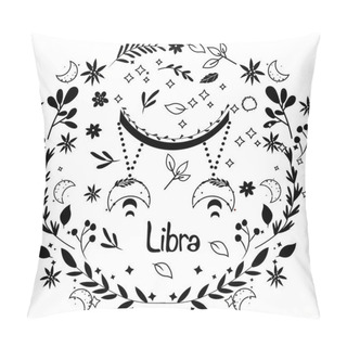 Personality  Black And White Libra Zodiac With A Colorful Wreath Of Leaves, Flowers Stars Around. Astrological Libra Zodiac Perfect For Posters, Logo, Cards. Vector Illustration. Pillow Covers