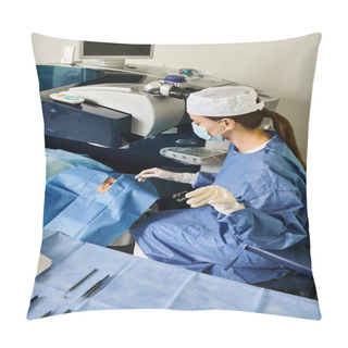 Personality  A Woman In A Surgical Gown Performs Laser Vision Correction. Pillow Covers