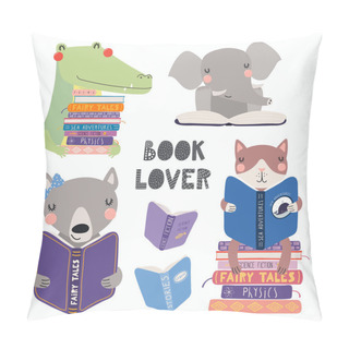 Personality  Set Of Cute Funny Animals With Books And Quote Book Lover Isolated On White. Hand Drawn Vector Illustration. Scandinavian Style Flat Design. Concept For Children Print. Pillow Covers
