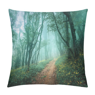 Personality  Road Through A Mysterious Dark Forest In Fog With Green Leaves A Pillow Covers